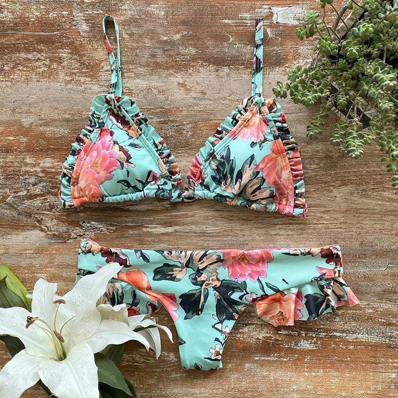 Ensemble bikini femme maillot de bain push-up haut de maillot uni bas imprimé maillot de bain femme maillot de bain de plage imprimé floral push-up à armatures et bordure laitue, bikini taille haute à fines bretelles avec armatures et rembourrage