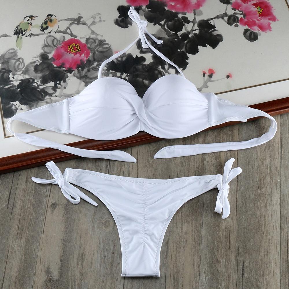 Ensemble de bikinis solides à lanières, maillot de bain push-up blanc, maillot de bain pour femme, bas de bikini côtelé à nouer, maillot de bain string ajustable à lacets pour femme