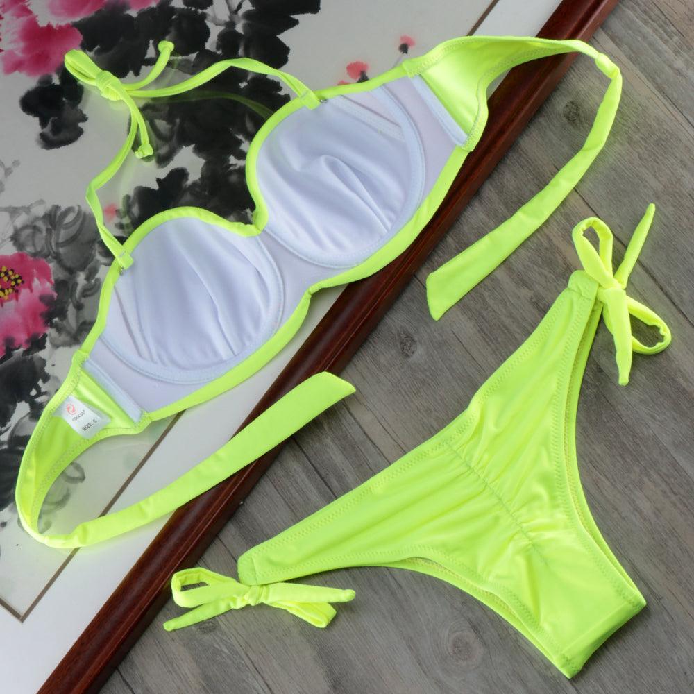 Ensemble de bikinis solides à lanières, maillot de bain push-up blanc, maillot de bain pour femme, bas de bikini côtelé à nouer, maillot de bain string ajustable à lacets pour femme