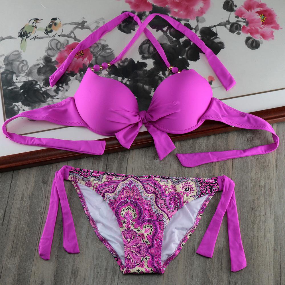Ensemble de bikinis solides à lanières, maillot de bain push-up blanc, maillot de bain pour femme, bas de bikini côtelé à nouer, maillot de bain string ajustable à lacets pour femme