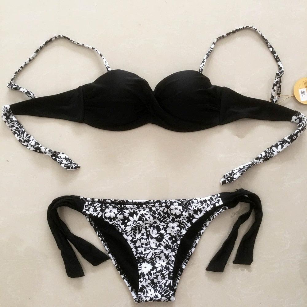 Ensemble de bikinis solides à lanières, maillot de bain push-up blanc, maillot de bain pour femme, bas de bikini côtelé à nouer, maillot de bain string ajustable à lacets pour femme