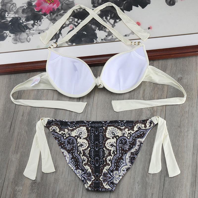 Ensemble de bikinis solides à lanières, maillot de bain push-up blanc, maillot de bain pour femme, bas de bikini côtelé à nouer, maillot de bain string ajustable à lacets pour femme