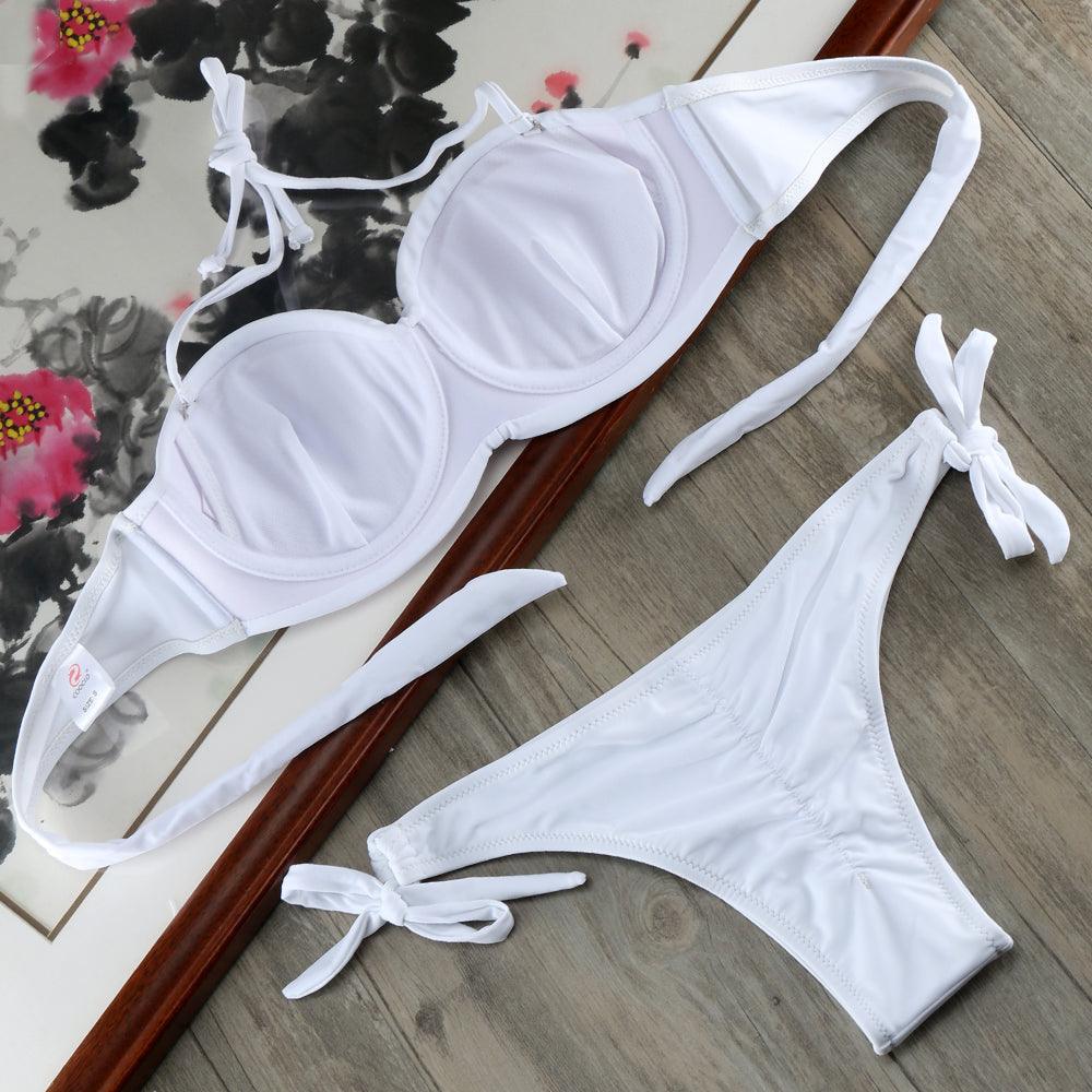 Ensemble de bikinis solides à lanières, maillot de bain push-up blanc, maillot de bain pour femme, bas de bikini côtelé à nouer, maillot de bain string ajustable à lacets pour femme