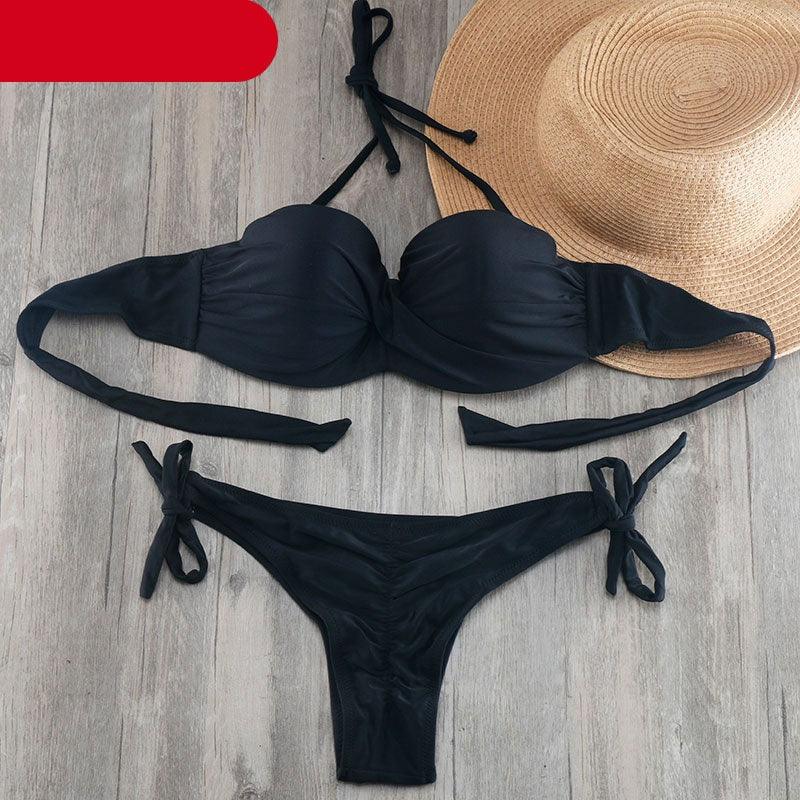Ensemble de bikinis solides à lanières, maillot de bain push-up blanc, maillot de bain pour femme, bas de bikini côtelé à nouer, maillot de bain string ajustable à lacets pour femme