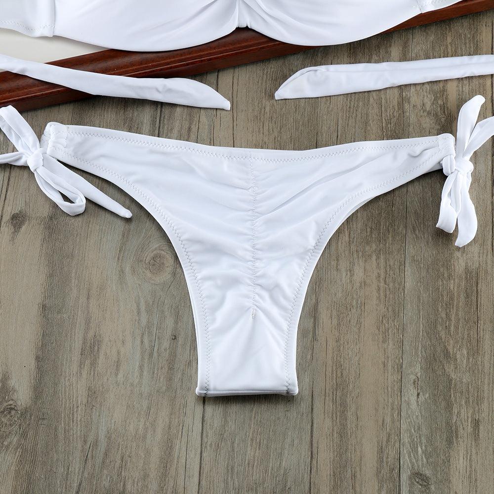 Ensemble de bikinis solides à lanières, maillot de bain push-up blanc, maillot de bain pour femme, bas de bikini côtelé à nouer, maillot de bain string ajustable à lacets pour femme