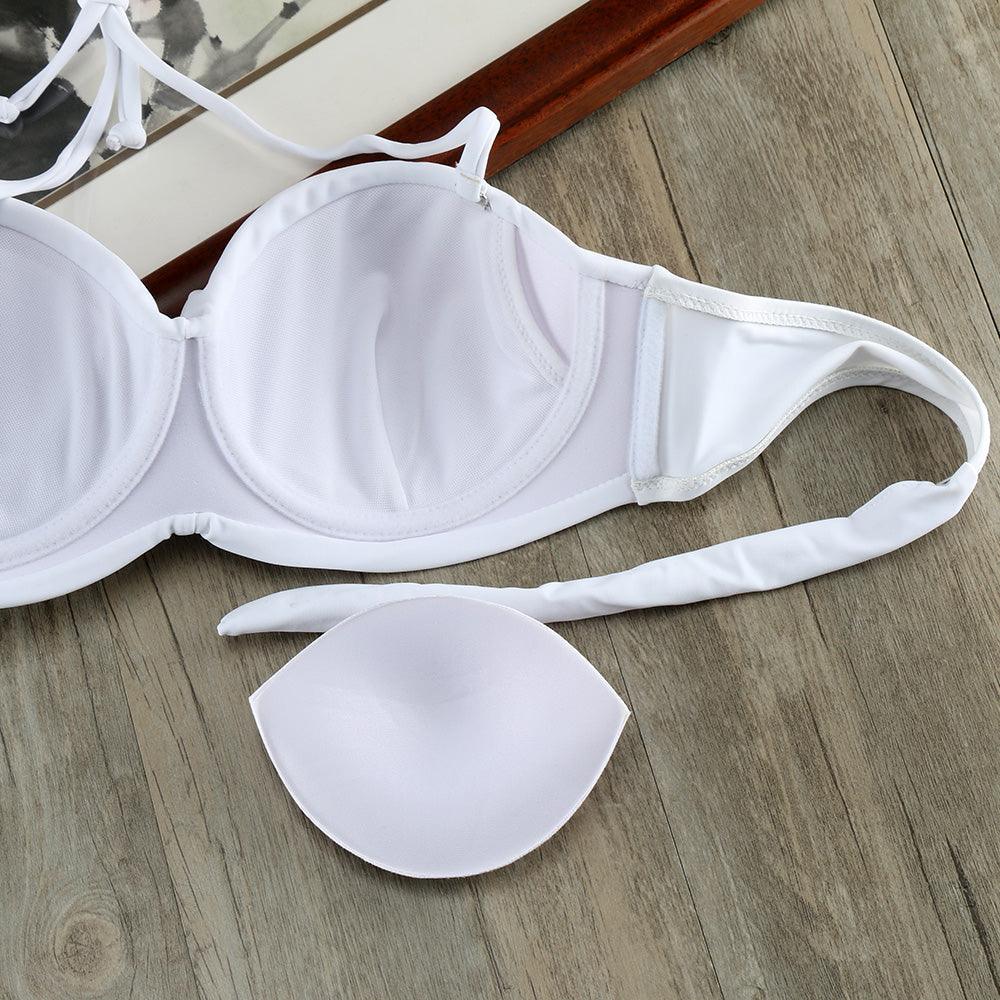 Ensemble de bikinis solides à lanières, maillot de bain push-up blanc, maillot de bain pour femme, bas de bikini côtelé à nouer, maillot de bain string ajustable à lacets pour femme