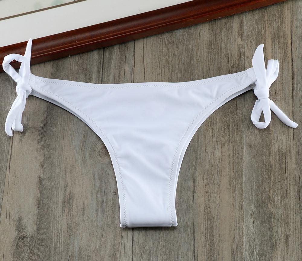 Ensemble de bikinis solides à lanières, maillot de bain push-up blanc, maillot de bain pour femme, bas de bikini côtelé à nouer, maillot de bain string ajustable à lacets pour femme
