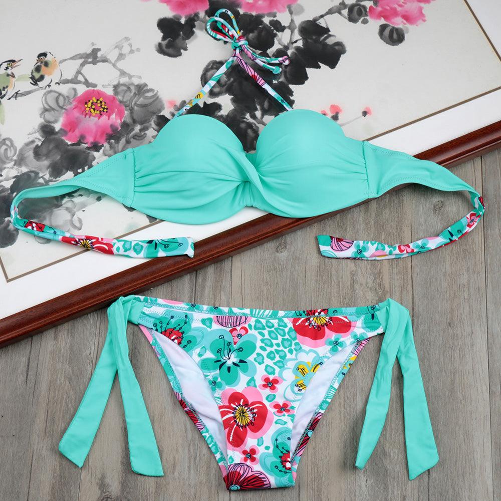 Ensemble de bikinis solides à lanières, maillot de bain push-up blanc, maillot de bain pour femme, bas de bikini côtelé à nouer, maillot de bain string ajustable à lacets pour femme