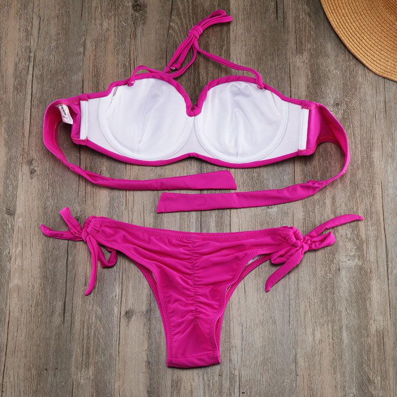 Ensemble de bikinis solides à lanières, maillot de bain push-up blanc, maillot de bain pour femme, bas de bikini côtelé à nouer, maillot de bain string ajustable à lacets pour femme