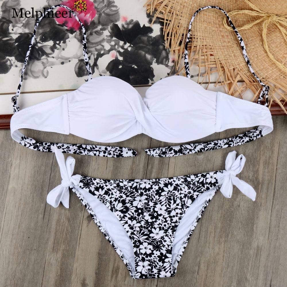 Ensemble de bikinis solides à lanières, maillot de bain push-up blanc, maillot de bain pour femme, bas de bikini côtelé à nouer, maillot de bain string ajustable à lacets pour femme