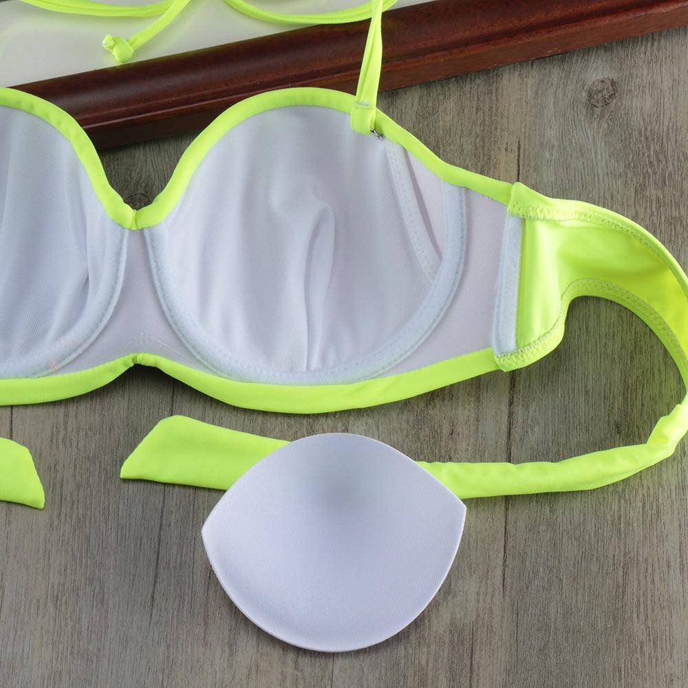 Ensemble de bikinis solides à lanières, maillot de bain push-up blanc, maillot de bain pour femme, bas de bikini côtelé à nouer, maillot de bain string ajustable à lacets pour femme