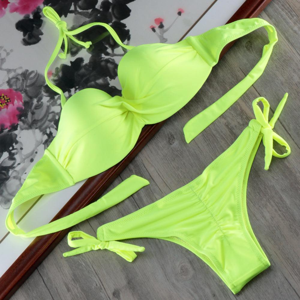 Ensemble de bikinis solides à lanières, maillot de bain push-up blanc, maillot de bain pour femme, bas de bikini côtelé à nouer, maillot de bain string ajustable à lacets pour femme
