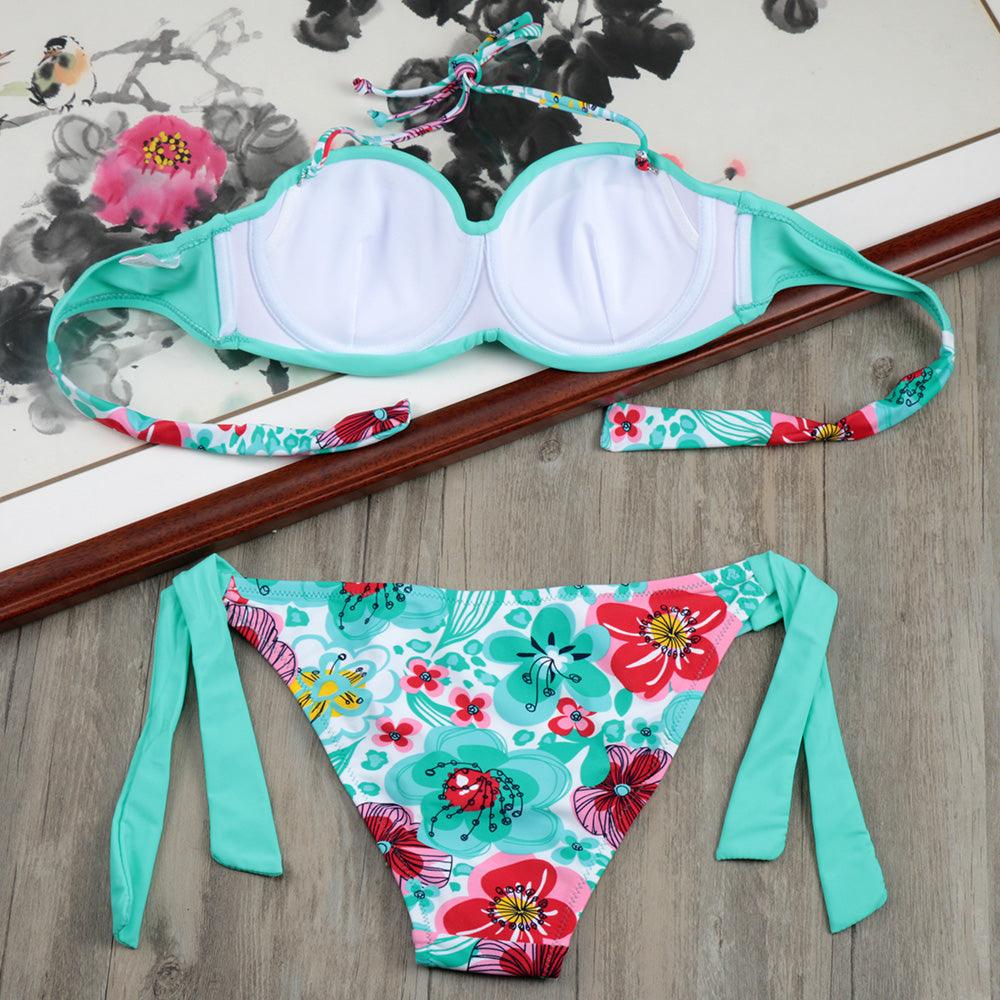 Ensemble de bikinis solides à lanières, maillot de bain push-up blanc, maillot de bain pour femme, bas de bikini côtelé à nouer, maillot de bain string ajustable à lacets pour femme