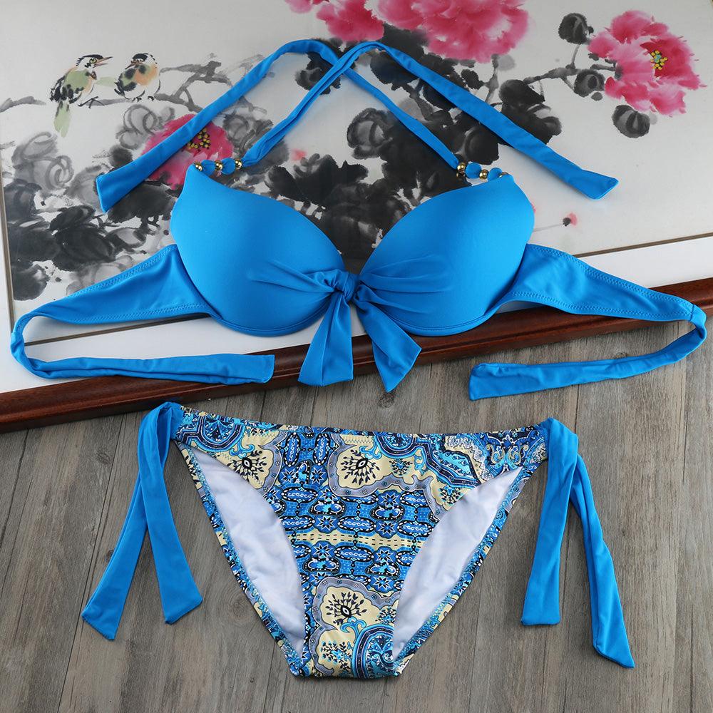 Ensemble de bikinis solides à lanières, maillot de bain push-up blanc, maillot de bain pour femme, bas de bikini côtelé à nouer, maillot de bain string ajustable à lacets pour femme