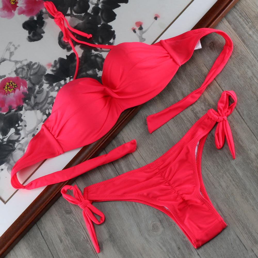 Ensemble de bikinis solides à lanières, maillot de bain push-up blanc, maillot de bain pour femme, bas de bikini côtelé à nouer, maillot de bain string ajustable à lacets pour femme