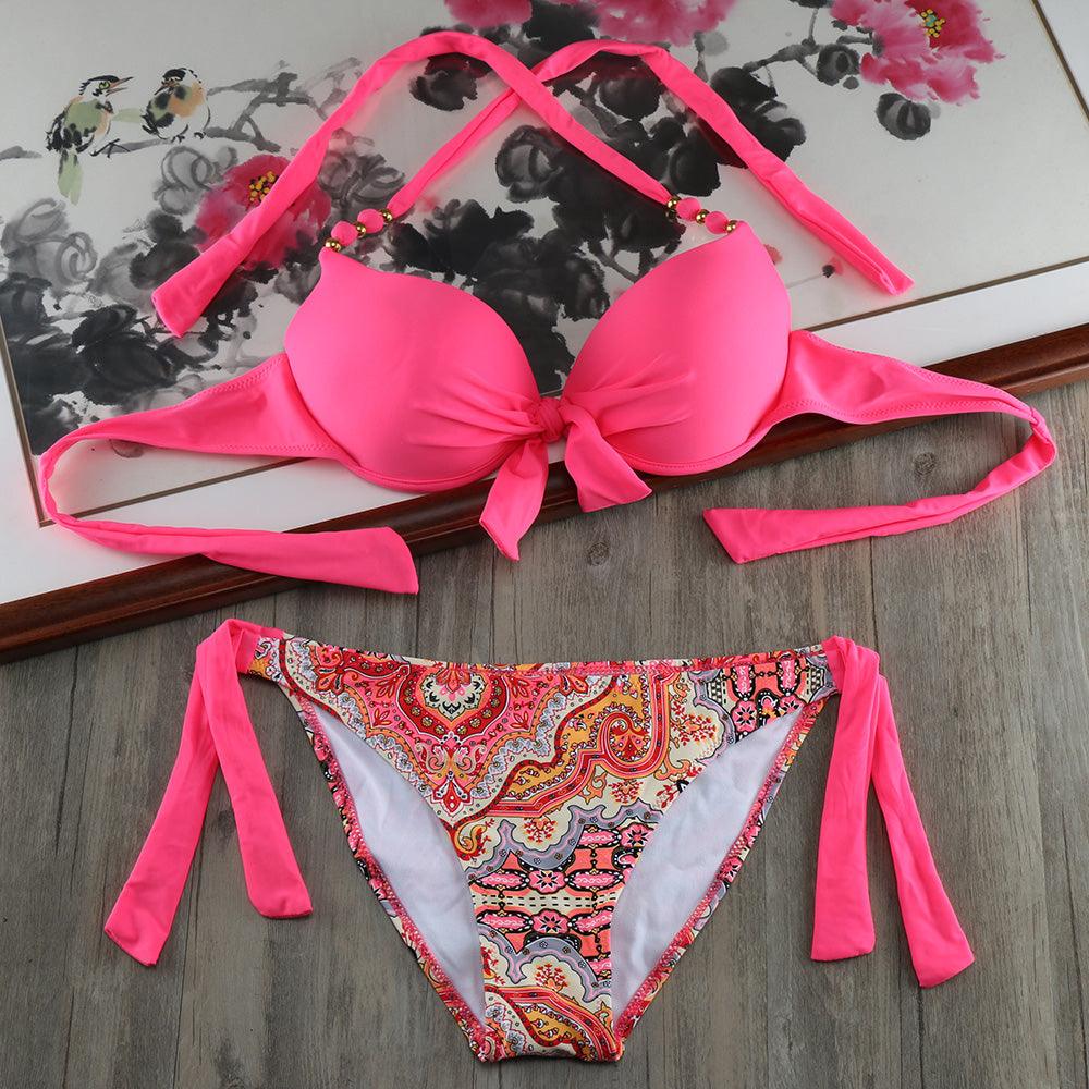 Ensemble de bikinis solides à lanières, maillot de bain push-up blanc, maillot de bain pour femme, bas de bikini côtelé à nouer, maillot de bain string ajustable à lacets pour femme