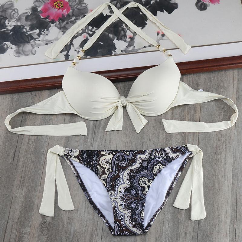 Ensemble de bikinis solides à lanières, maillot de bain push-up blanc, maillot de bain pour femme, bas de bikini côtelé à nouer, maillot de bain string ajustable à lacets pour femme
