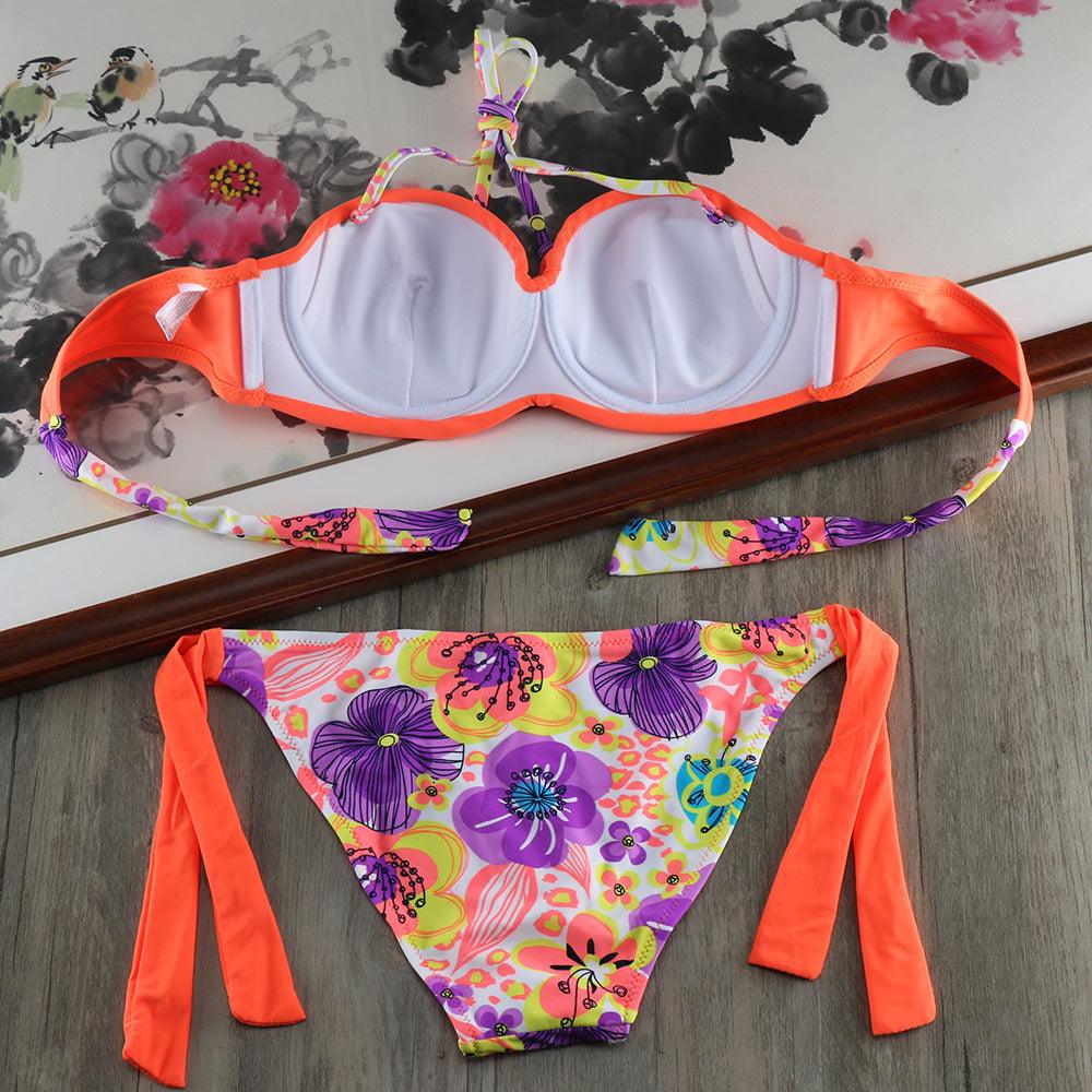 Ensemble de bikinis solides à lanières, maillot de bain push-up blanc, maillot de bain pour femme, bas de bikini côtelé à nouer, maillot de bain string ajustable à lacets pour femme
