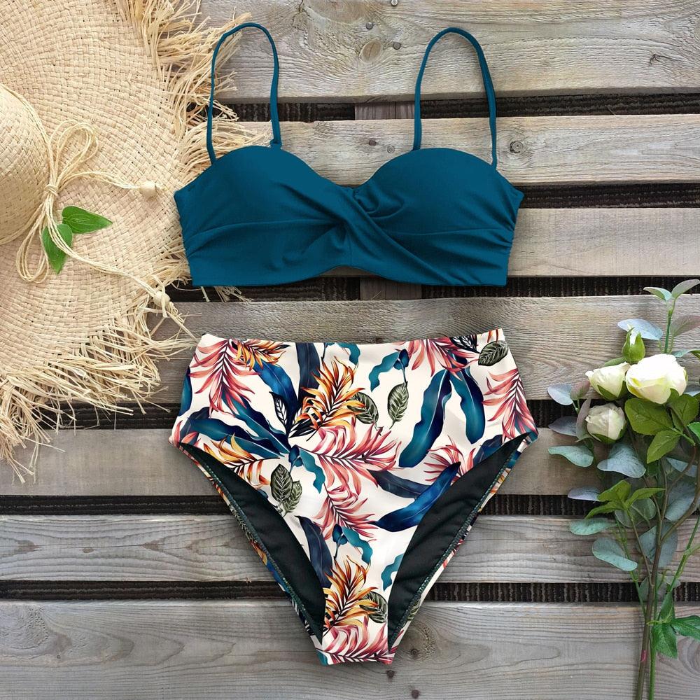Maillot de bain bikini pour femme, push-up, ensemble bikini imprimé feuilles, taille haute pour femme, maillot de bain imprimé floral, devant torsadé, ensemble bikini taille haute.