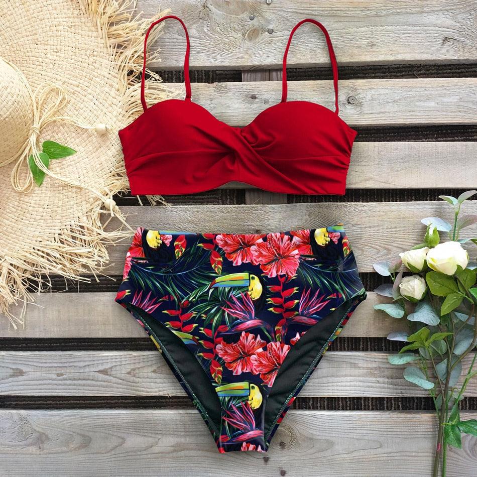 Maillot de bain bikini pour femme, push-up, ensemble bikini imprimé feuilles, taille haute pour femme, maillot de bain imprimé floral, devant torsadé, ensemble bikini taille haute.
