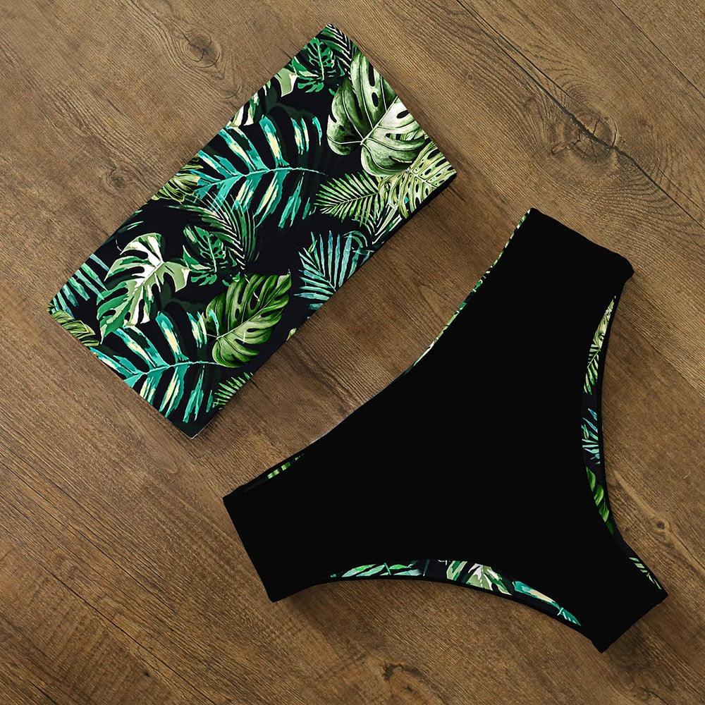 Maillot de Bain Bikini Femme Imprimé Floral Taille Haute Ensemble Bikini Bretelles Croisées Maillot de Bain Femme Tenue de Plage Maillots de Bain Bikini Femme Deux Pièces sans Bretelles