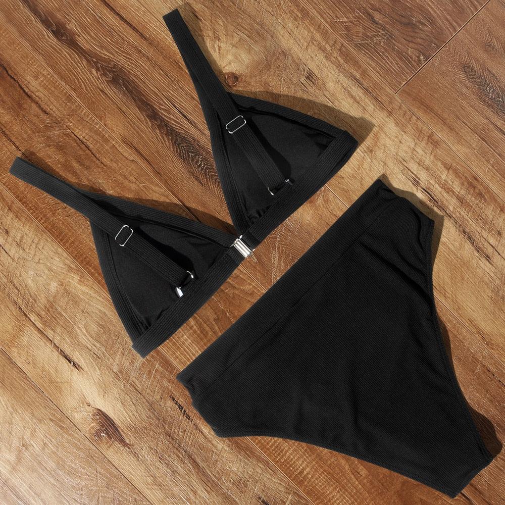 Maillot de bain bikini Femme Uni Maillot de bain bikini Set avec coussinet Taille haute Maillot de bain plage Femme Maillots de bain bikini 2 pièces Profond Col en V Maillot de bain Bretelles réglables Dos Maillots de bain