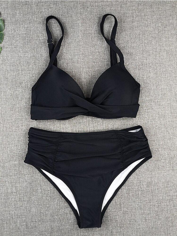 Maillot de bain bikini pour femme, taille haute, couleur unie, ensemble bikini push-up avec armatures, maillot de bain bikini rembourré push-up pour femme, vêtements de plage.