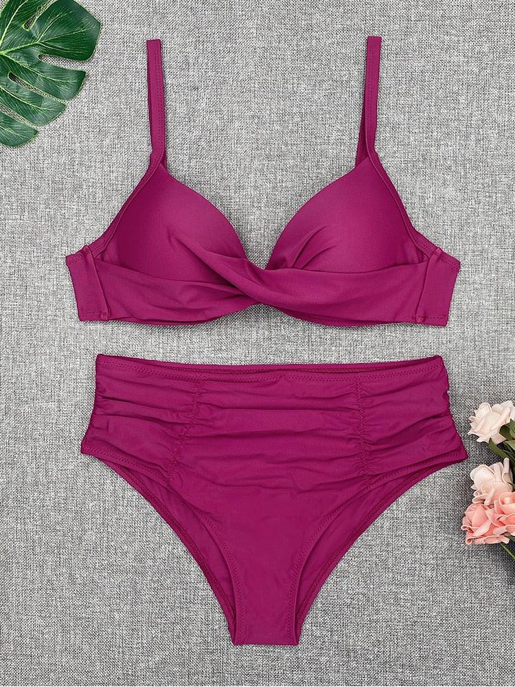 Maillot de bain bikini pour femme, taille haute, couleur unie, ensemble bikini push-up avec armatures, maillot de bain bikini rembourré push-up pour femme, vêtements de plage.