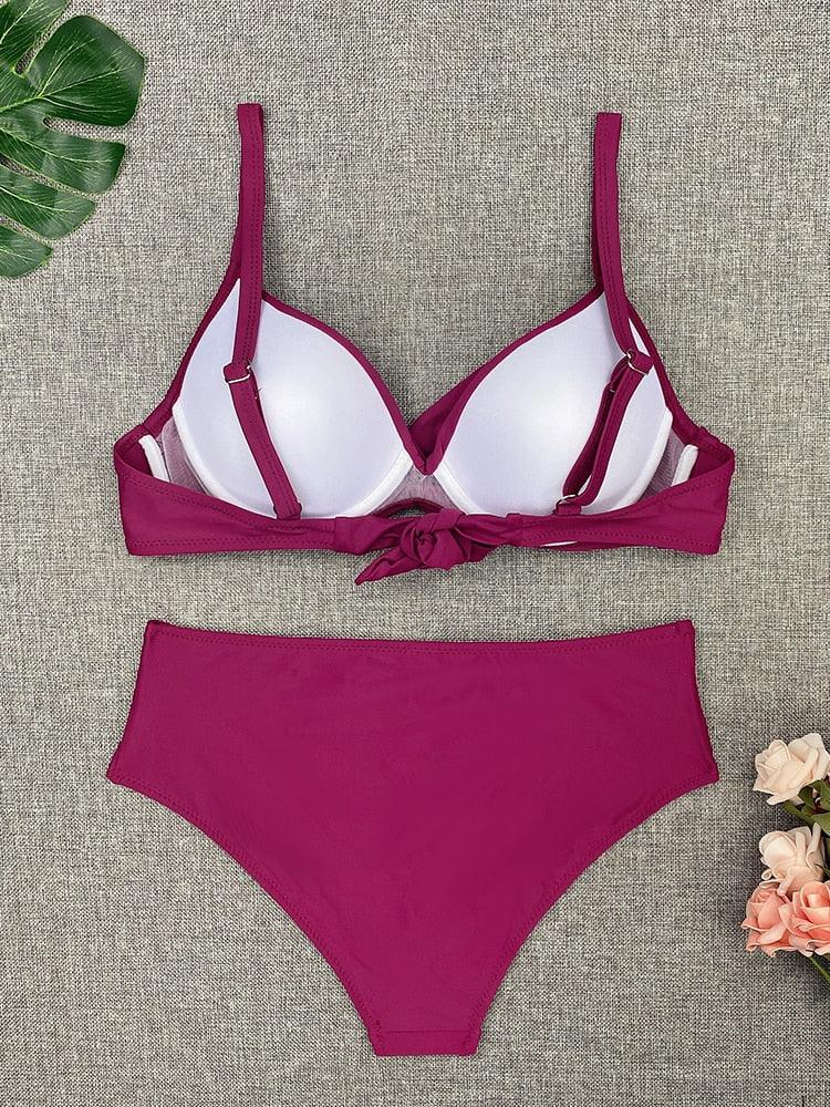 Maillot de bain bikini pour femme, taille haute, couleur unie, ensemble bikini push-up avec armatures, maillot de bain bikini rembourré push-up pour femme, vêtements de plage.