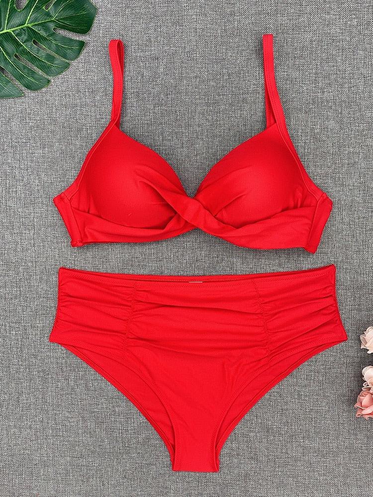 Maillot de bain bikini pour femme, taille haute, couleur unie, ensemble bikini push-up avec armatures, maillot de bain bikini rembourré push-up pour femme, vêtements de plage.