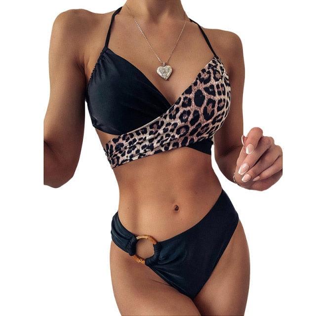 Maillot de bain bikini push-up léopard pour femme, taille haute, échancré, contrôle du ventre, couleur unie