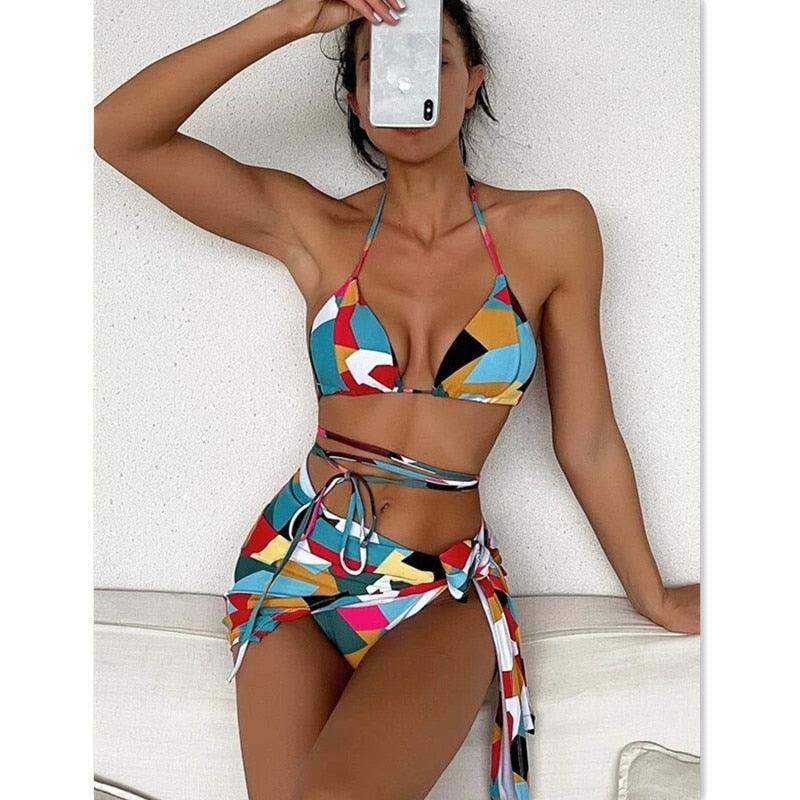 Maillot de bain push-up 3 pièces pour femme avec paréo, ensemble bikini 3 pièces tendance pour femme avec haut tie-dye, jupe paréo, maillot de bain push-up