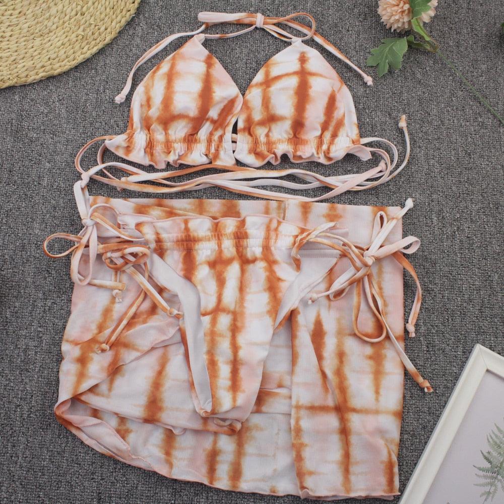 Maillot de bain push-up 3 pièces pour femme avec paréo, ensemble bikini 3 pièces tendance pour femme avec haut tie-dye, jupe paréo, maillot de bain push-up