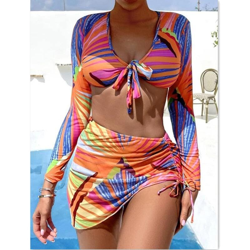 Maillot de bain push-up 3 pièces pour femme avec paréo, ensemble bikini 3 pièces tendance pour femme avec haut tie-dye, jupe paréo, maillot de bain push-up