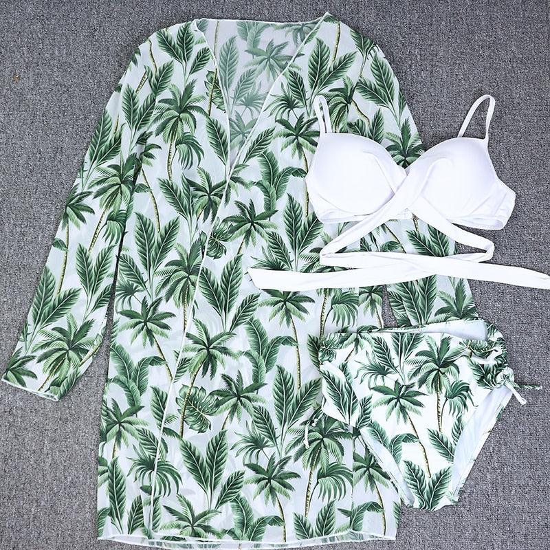 Maillot de bain push-up 3 pièces pour femme avec paréo, ensemble bikini 3 pièces tendance pour femme avec haut tie-dye, jupe paréo, maillot de bain push-up