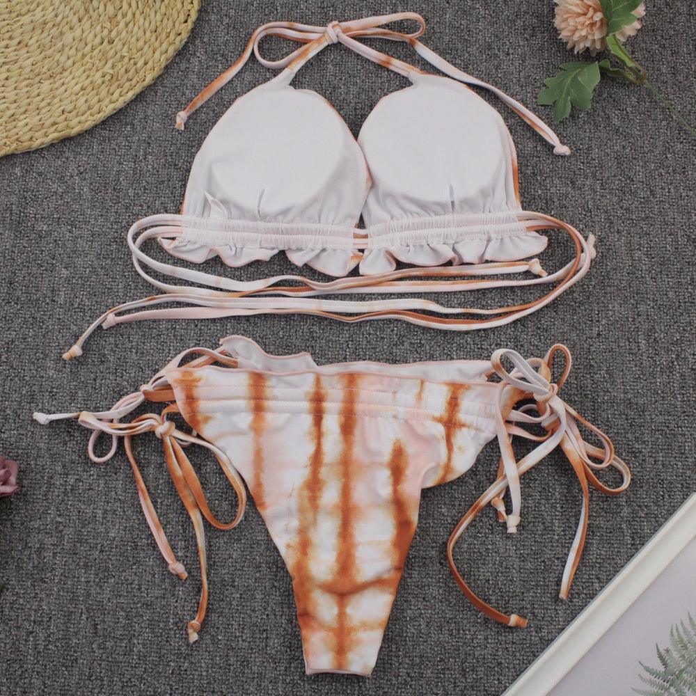 Maillot de bain push-up 3 pièces pour femme avec paréo, ensemble bikini 3 pièces tendance pour femme avec haut tie-dye, jupe paréo, maillot de bain push-up