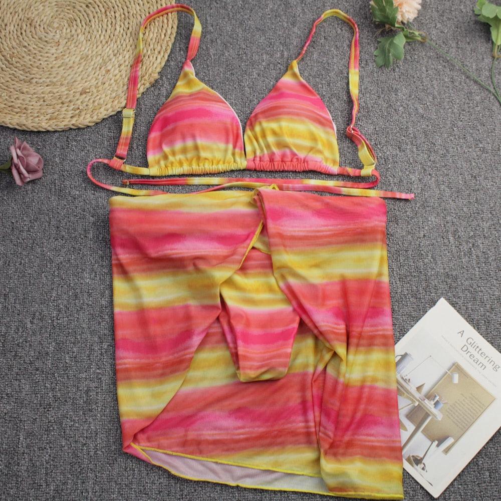 Maillot de bain push-up 3 pièces pour femme avec paréo, ensemble bikini 3 pièces tendance pour femme avec haut tie-dye, jupe paréo, maillot de bain push-up