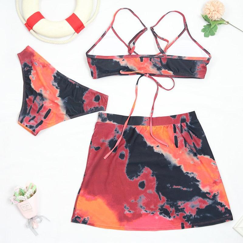 Maillot de bain push-up 3 pièces pour femme avec paréo, ensemble bikini 3 pièces tendance pour femme avec haut tie-dye, jupe paréo, maillot de bain push-up