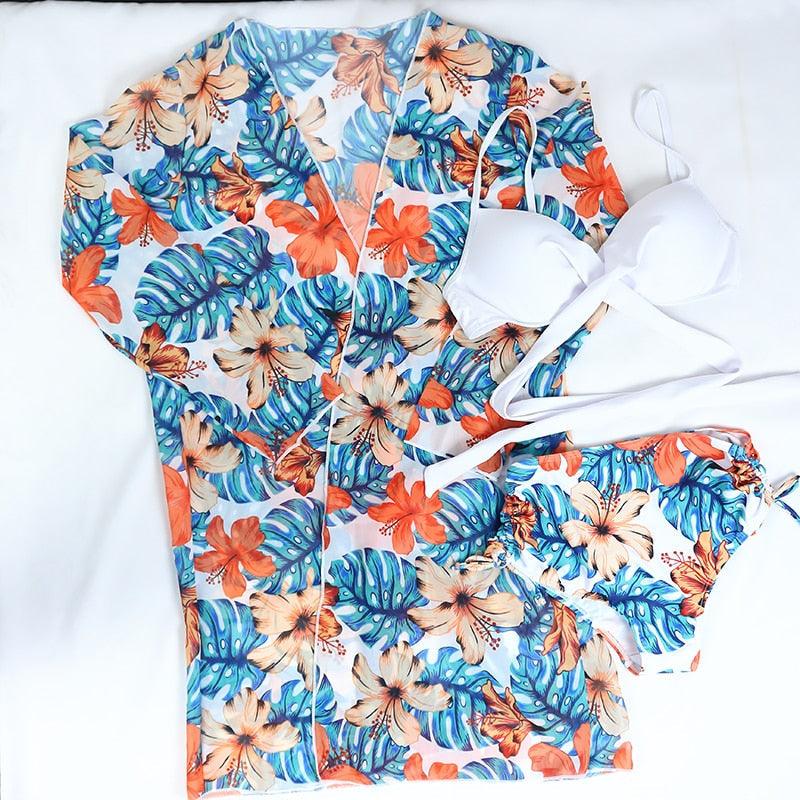 Maillot de bain push-up 3 pièces pour femme avec paréo, ensemble bikini 3 pièces tendance pour femme avec haut tie-dye, jupe paréo, maillot de bain push-up