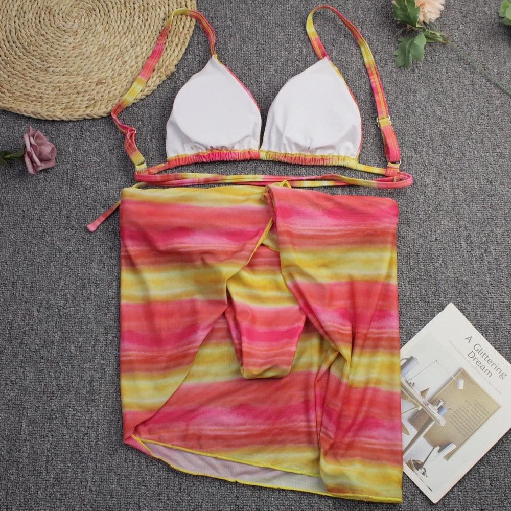 Maillot de bain push-up 3 pièces pour femme avec paréo, ensemble bikini 3 pièces tendance pour femme avec haut tie-dye, jupe paréo, maillot de bain push-up