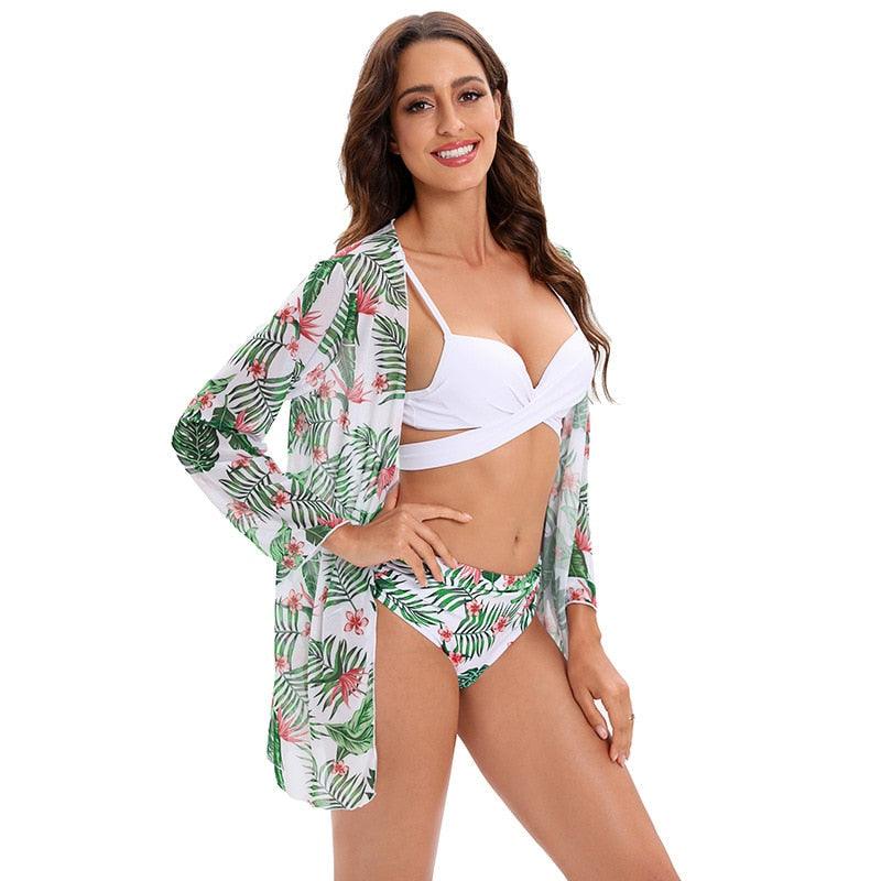 Maillot de bain push-up 3 pièces pour femme avec paréo, ensemble bikini 3 pièces tendance pour femme avec haut tie-dye, jupe paréo, maillot de bain push-up