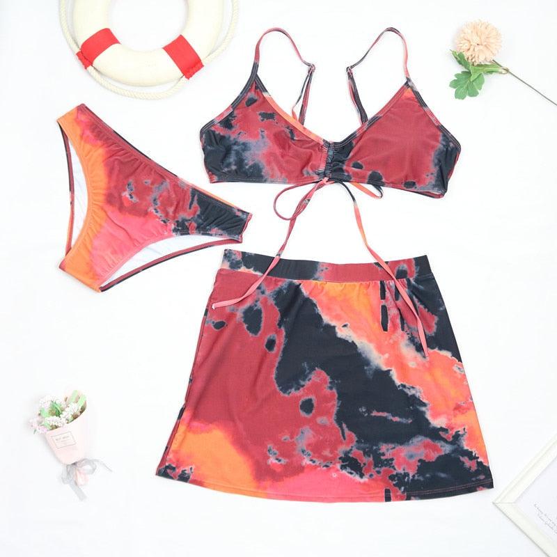 Maillot de bain push-up 3 pièces pour femme avec paréo, ensemble bikini 3 pièces tendance pour femme avec haut tie-dye, jupe paréo, maillot de bain push-up