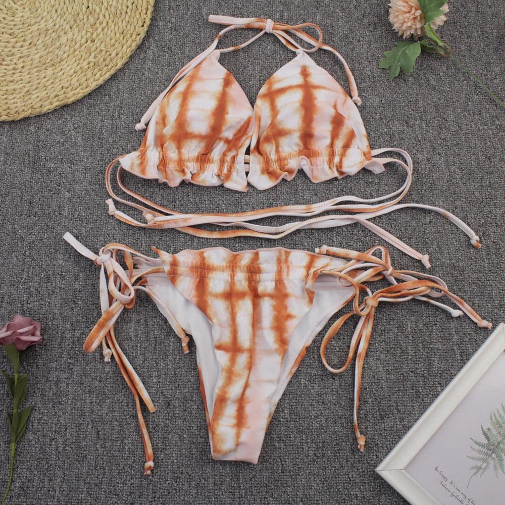 Maillot de bain push-up 3 pièces pour femme avec paréo, ensemble bikini 3 pièces tendance pour femme avec haut tie-dye, jupe paréo, maillot de bain push-up
