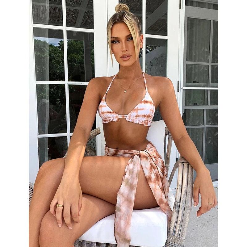 Maillot de bain push-up 3 pièces pour femme avec paréo, ensemble bikini 3 pièces tendance pour femme avec haut tie-dye, jupe paréo, maillot de bain push-up