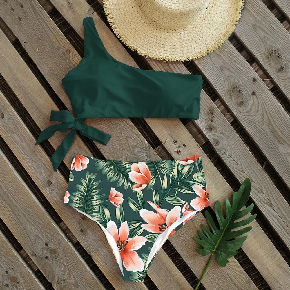 Maillot de bain deux pièces push-up pour femme, imprimé, léger, une épaule, taille haute, confortable