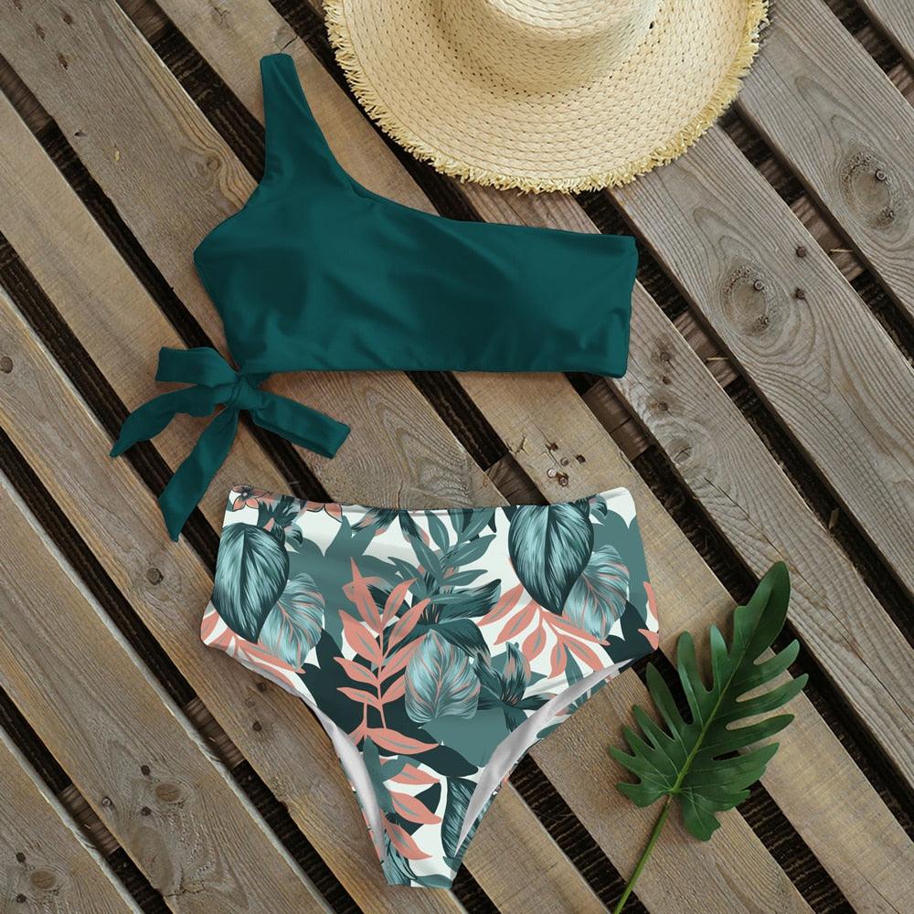 Maillot de bain deux pièces push-up pour femme, imprimé, léger, une épaule, taille haute, confortable