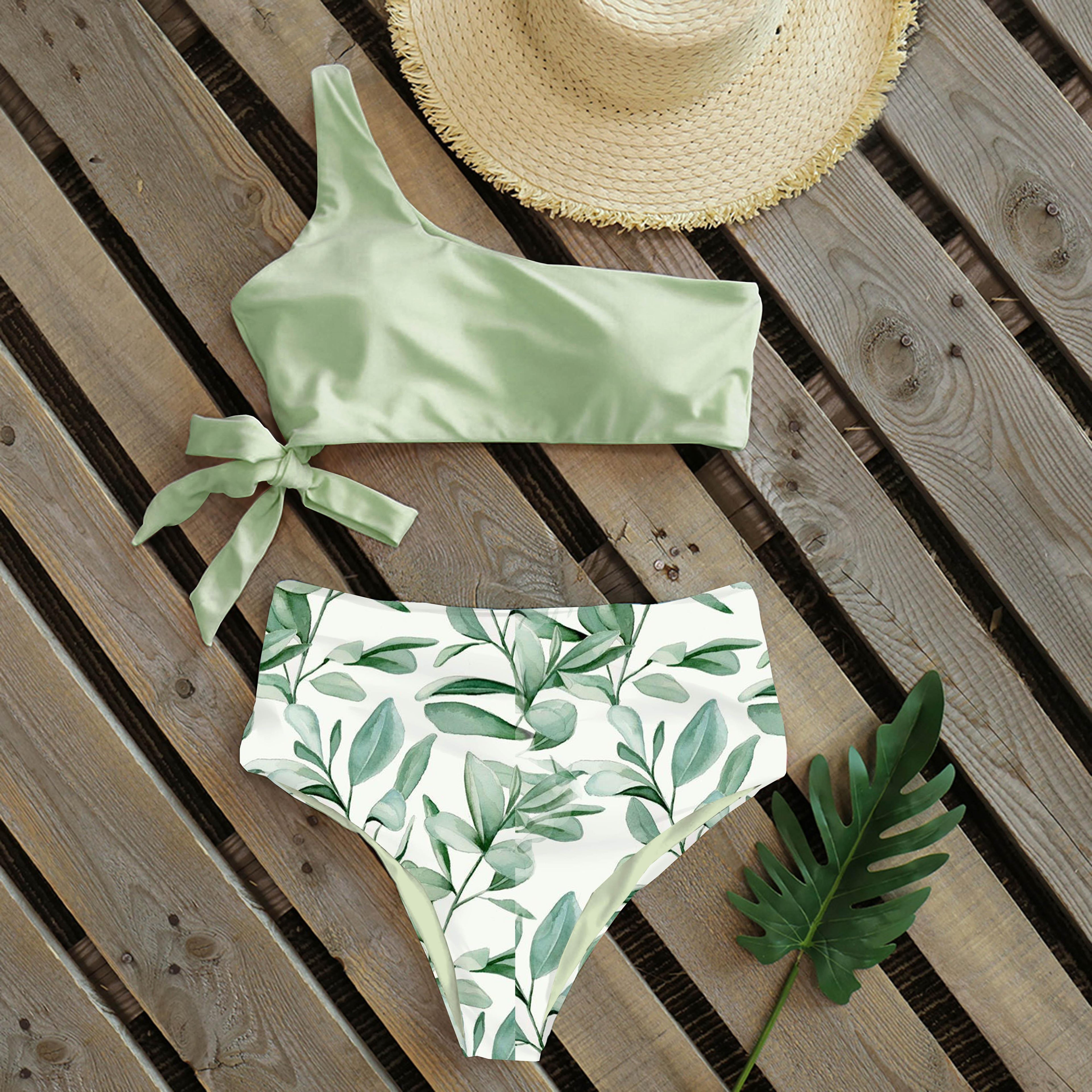 Maillot de bain deux pièces push-up pour femme, imprimé, léger, une épaule, taille haute, confortable