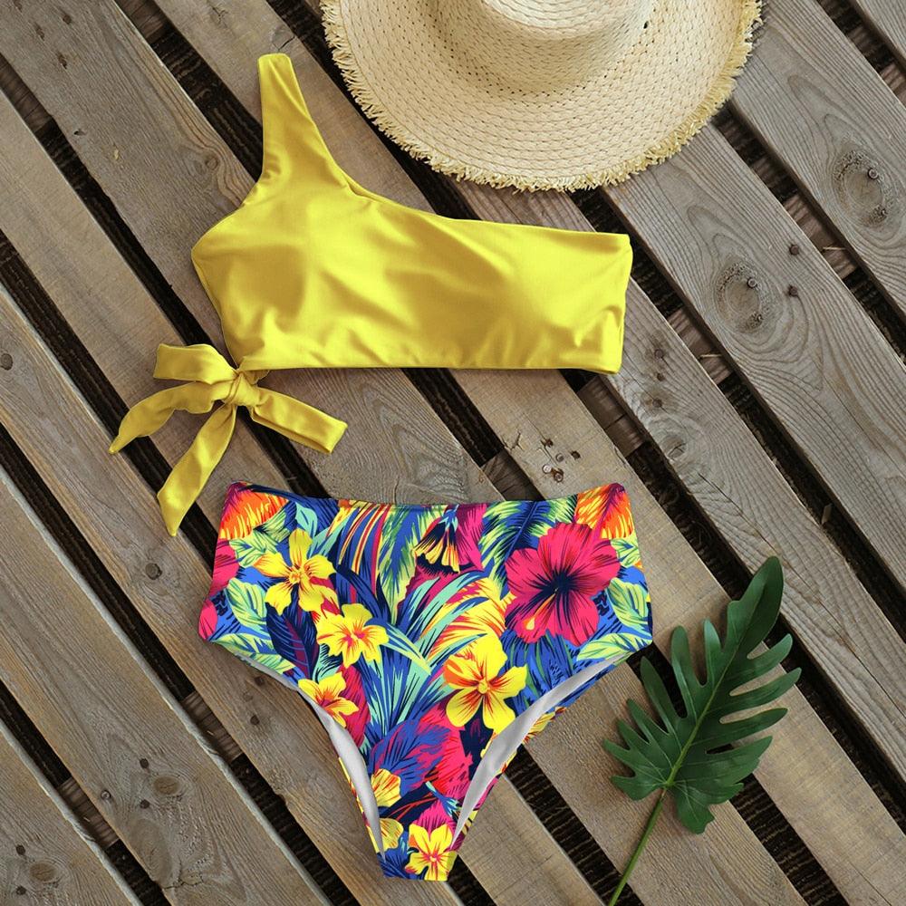 Maillot de bain deux pièces push-up pour femme, imprimé, léger, une épaule, taille haute, confortable