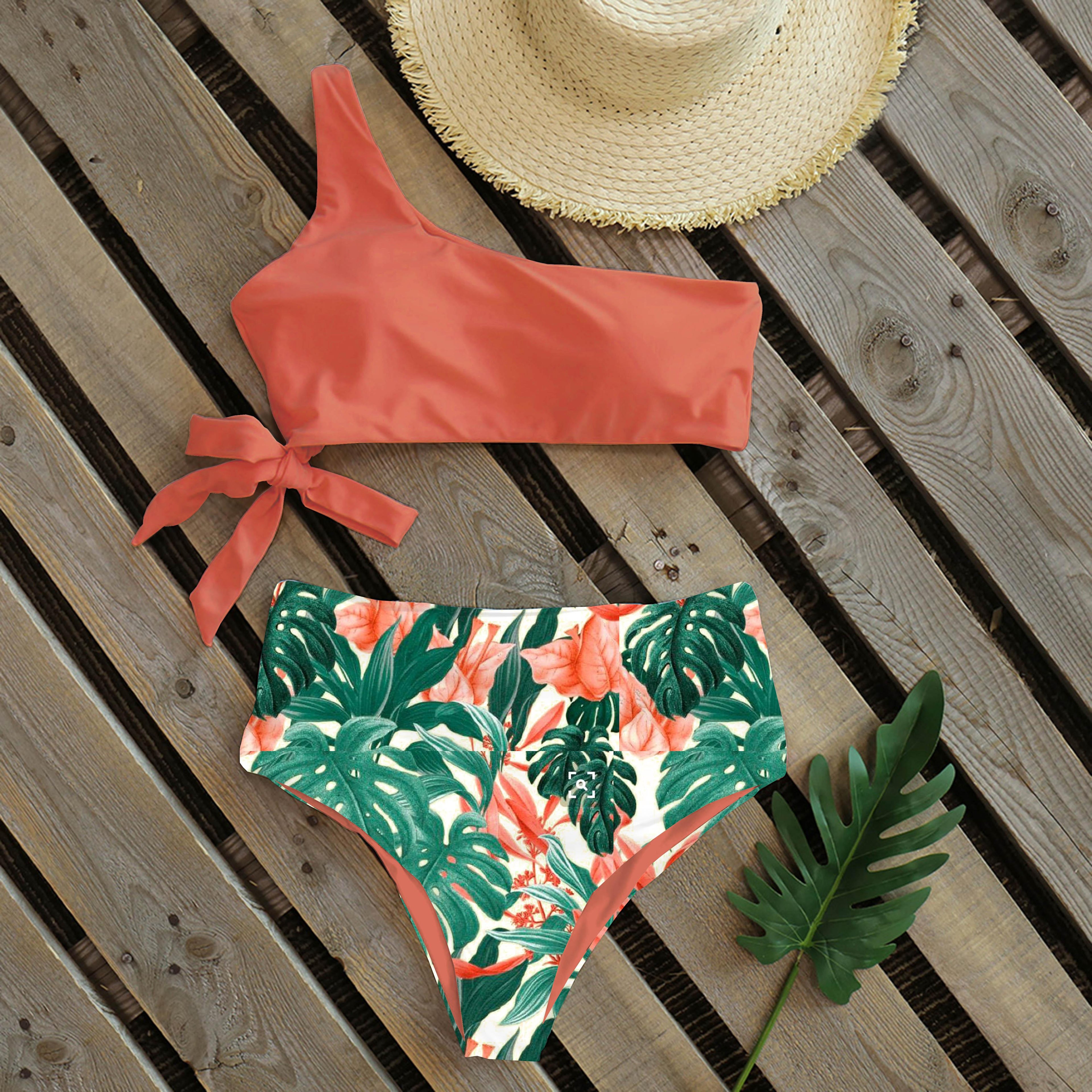 Maillot de bain deux pièces push-up pour femme, imprimé, léger, une épaule, taille haute, confortable