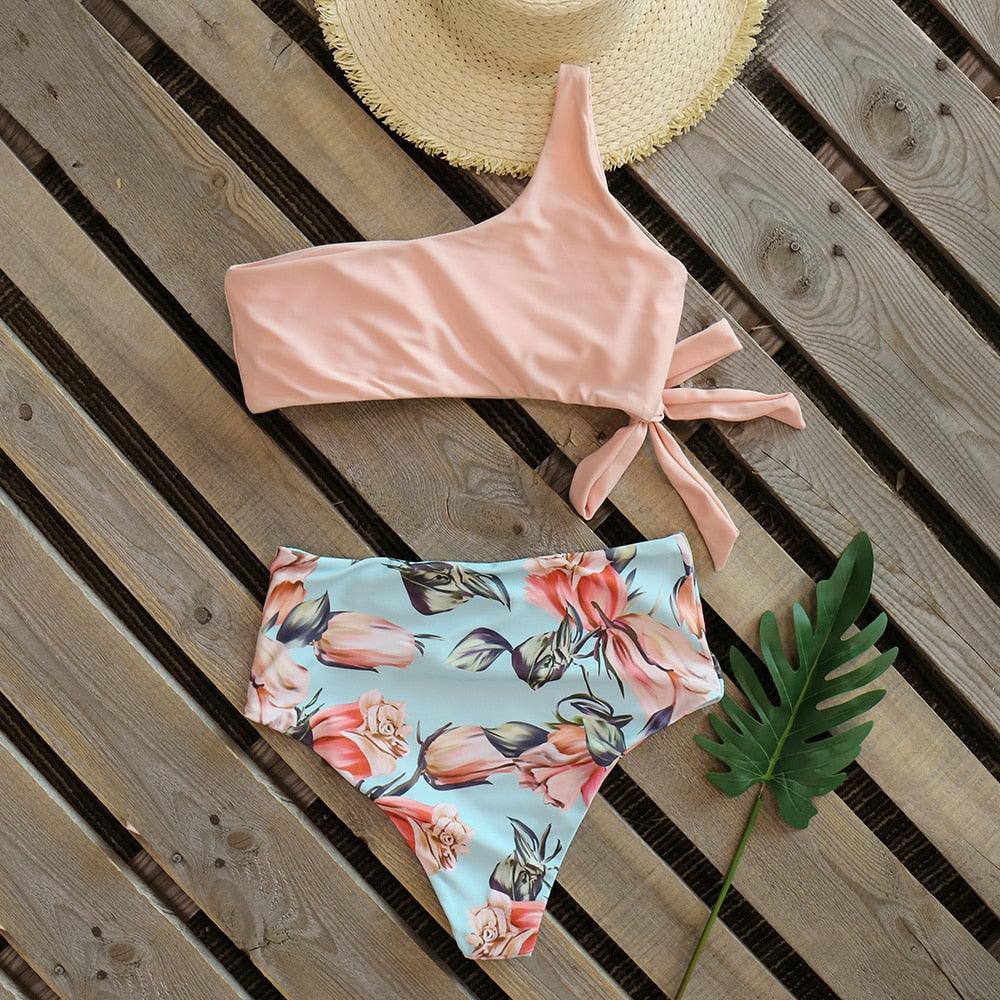 Maillot de bain deux pièces push-up pour femme, imprimé, léger, une épaule, taille haute, confortable